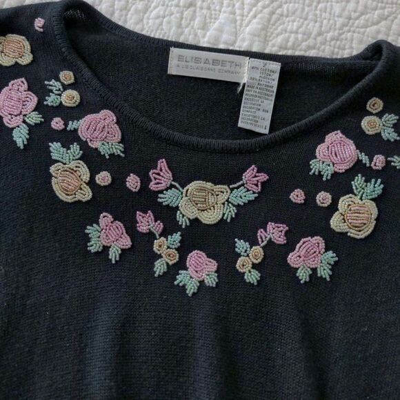 Vintage 1990s Elisabeth Liz Claiborne Sweater Dress Beaded Floral Oversized 2 - Picture 4 of 7
